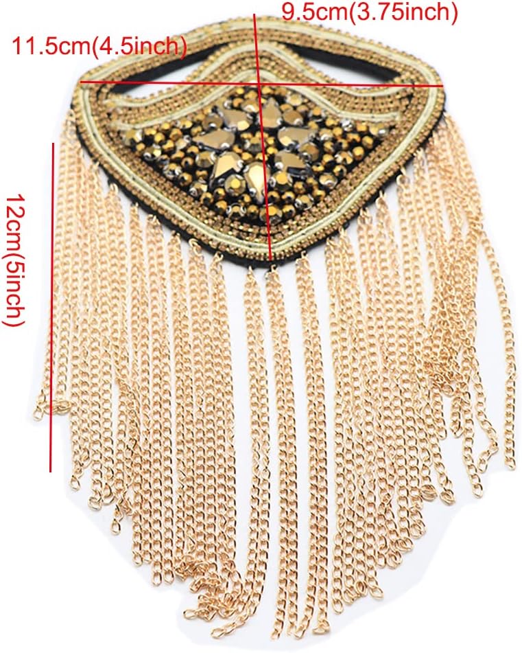 Zthread Crystal Beaded Shoulder Epaulete Badge Rhinestone Shoulder Brooch Pin Gold Chain Tassel Fringe Shoulder Epaullette (Gold) - Image 2
